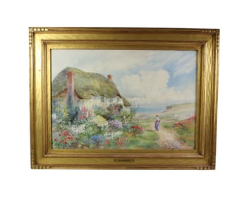 ENGLISH COUNTRYSIDE WATERCOLOR WITH COTTAGE