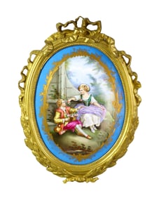 FRENCH PORCELAIN OVAL PLAQUE WITH ROMANTIC SCENE