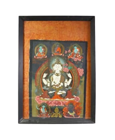 TIBETAN THANGKA PAINTING WITH FOUR-ARMED CHENREZIG AVALOKITESHVARA