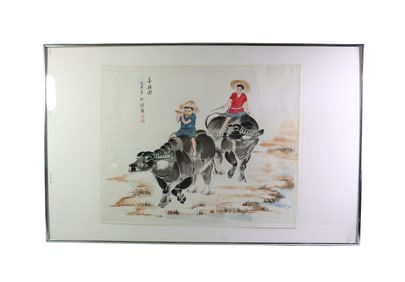 CHINESE 1998 PAINTING OF CHILDREN RIDING WATER BUFFALO