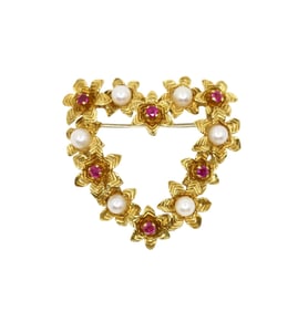 VINTAGE TIFFANY & CO. 18KT GOLD RUBY PEARL HEART BROOCH PIN