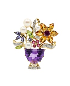 14KT GOLD MULTI-GEMSTONE BLOSSOM BOUQUET BROOCH