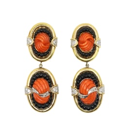 VINTAGE 14KT GOLD CORAL ONYX DIAMOND EARRING