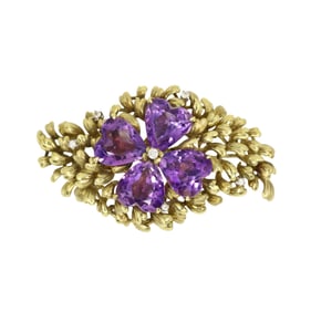 14KT GOLD FOUR LEAF CLOVER AMETHYST DIAMONDS BROOCH