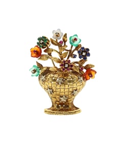 18KT GOLD ITALIAN EN TREMBLANT GEM SET FLOWER VASE BROOCH