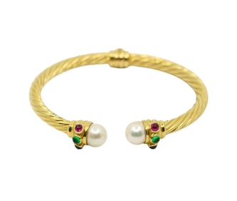 VINTAGE 18KT GOLD PEARL RUBY SAPPHIRE EMERALD CUFF BRACELET