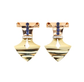 RETRO PAIR OF 14KT GOLD DIAMOND SAPPHIRE DOUBLE CLIP BROOCH