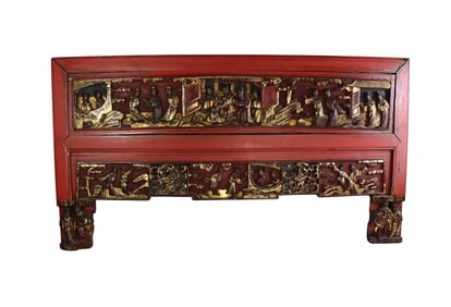 CHINESE RED LACQUER AND GILT CARVED WOOD PANEL