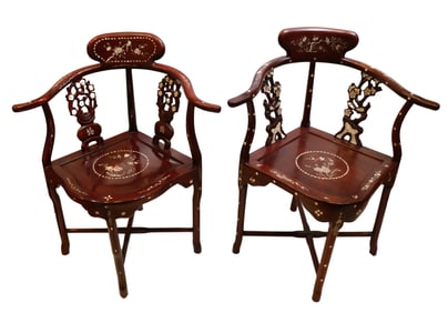 PAIR OF CHINESE ROSEWOOD HORSESHOE BACK CHAIRS WITH MOTHER-OF-PEARL INLAY