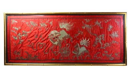 CHINESE EMBROIDERED SILK PANEL WITH FU LIONS