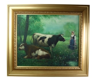 PASTORAL OIL PAINTING WITH COWS AND MILKMAID