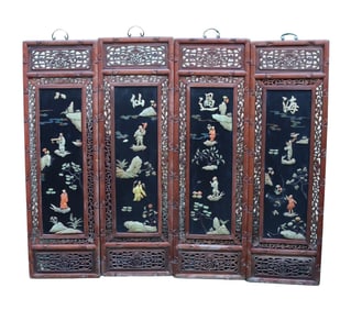 A SET OF FOUR "EIGHT IMMORTALS CROSSING THE SEA" HARDSTONE-INLAID PANELS