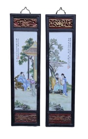 A PAIR OF CHINESE HAND PAINTED PORCELAIN PLAQUE MOUNTED PANELS