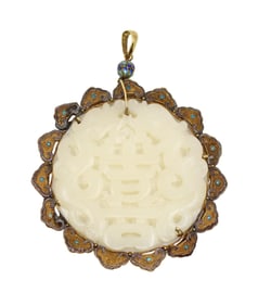 CHINESE 14KT SILVER FILIGREE CARVED JADE PENDANT