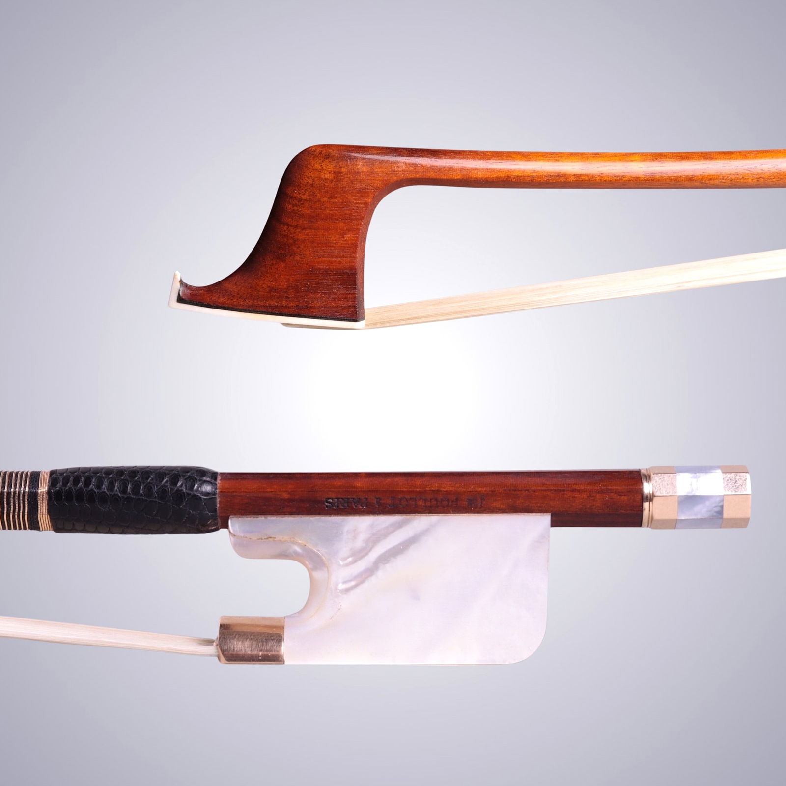A GOLD & MOTHER OF PEARL MOUNTED CELLO BOW BY JACQUES POULLOT (1 of 13)