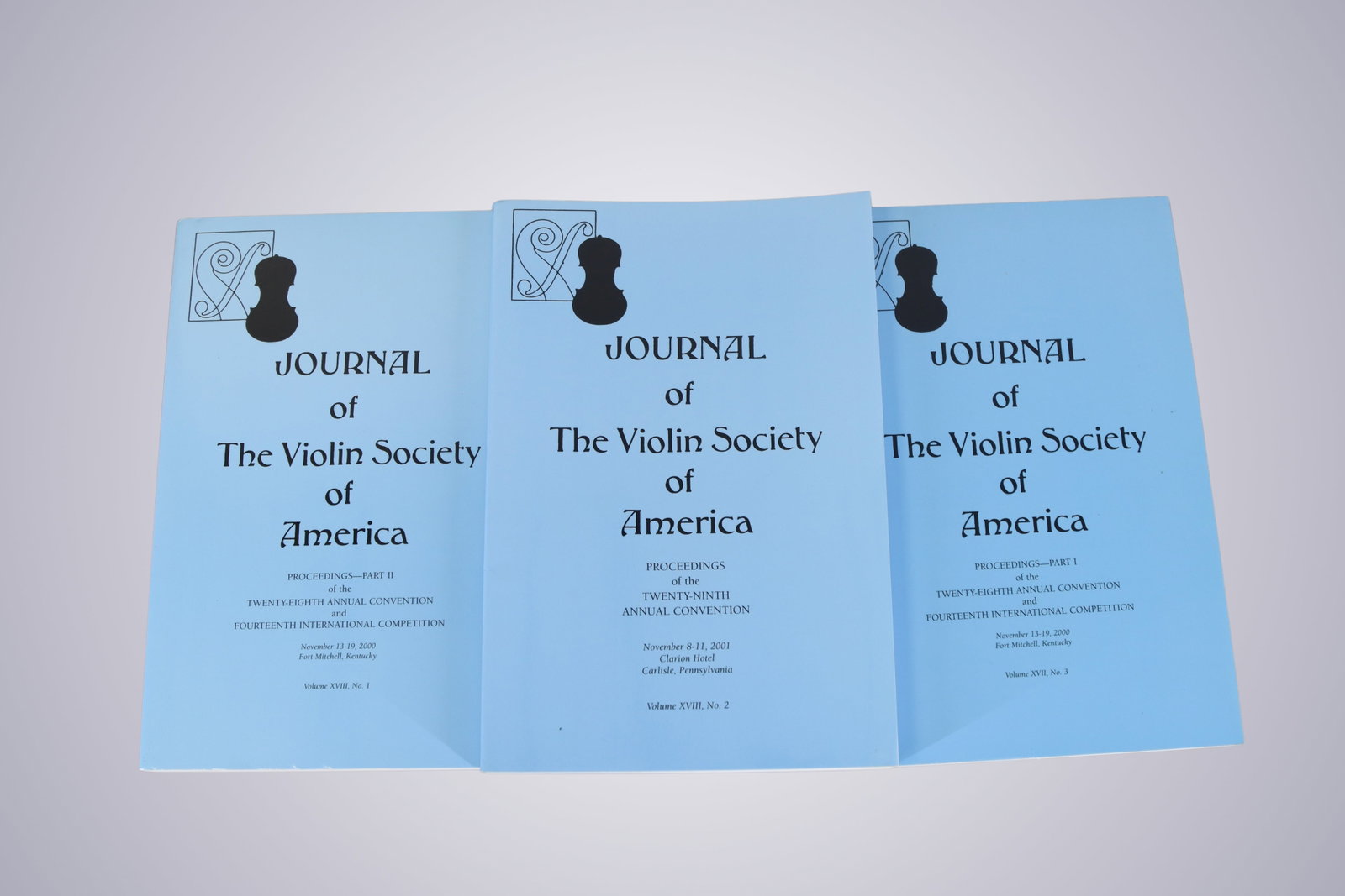 GROUP OF THREE JOURNALS OF THE VIOLIN SOCIETY OF AMERICA, VOLUMES XVII–XVIII: GROUP OF THREE JOURNALS OF THE VIOLIN SOCIETY OF AMERICA, VOLUMES XVII–XVIII The Violin Society of America. VSA Journal. Volumes XVII, No. 3; XVIII, No. 1; and XVIII, No. 2. Group of three bound