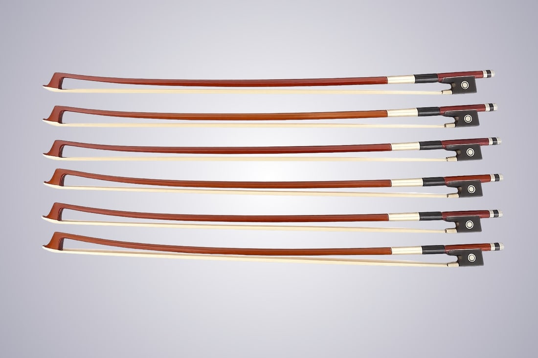 A LOT OF SIX FRACTIONAL 1/8 VIOLIN BOWS: A LOT OF SIX FRACTIONAL 1/8 VIOLIN BOWS Of Octagonal Stick, Ebony & Nickel mounted. Approximate Dimensions: 50.9 cm (Total Length - Head to Adjustor) 39.7 - 43.7 grams in weight