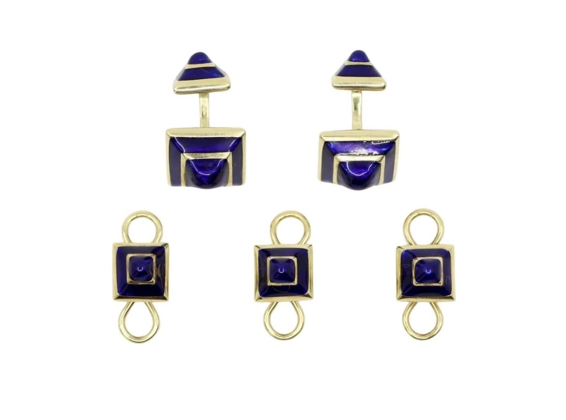 DAVID WEBB 18K GOLD COBALT ENAMEL CUFFLINK AND STUD SET: DAVID WEBB 18K GOLD COBALT ENAMEL CUFFLINK AND STUD SET An elegant David Webb gentleman's dress set comprising a pair of 18 karat yellow gold cufflinks and three matching shirt studs. Each piece is de