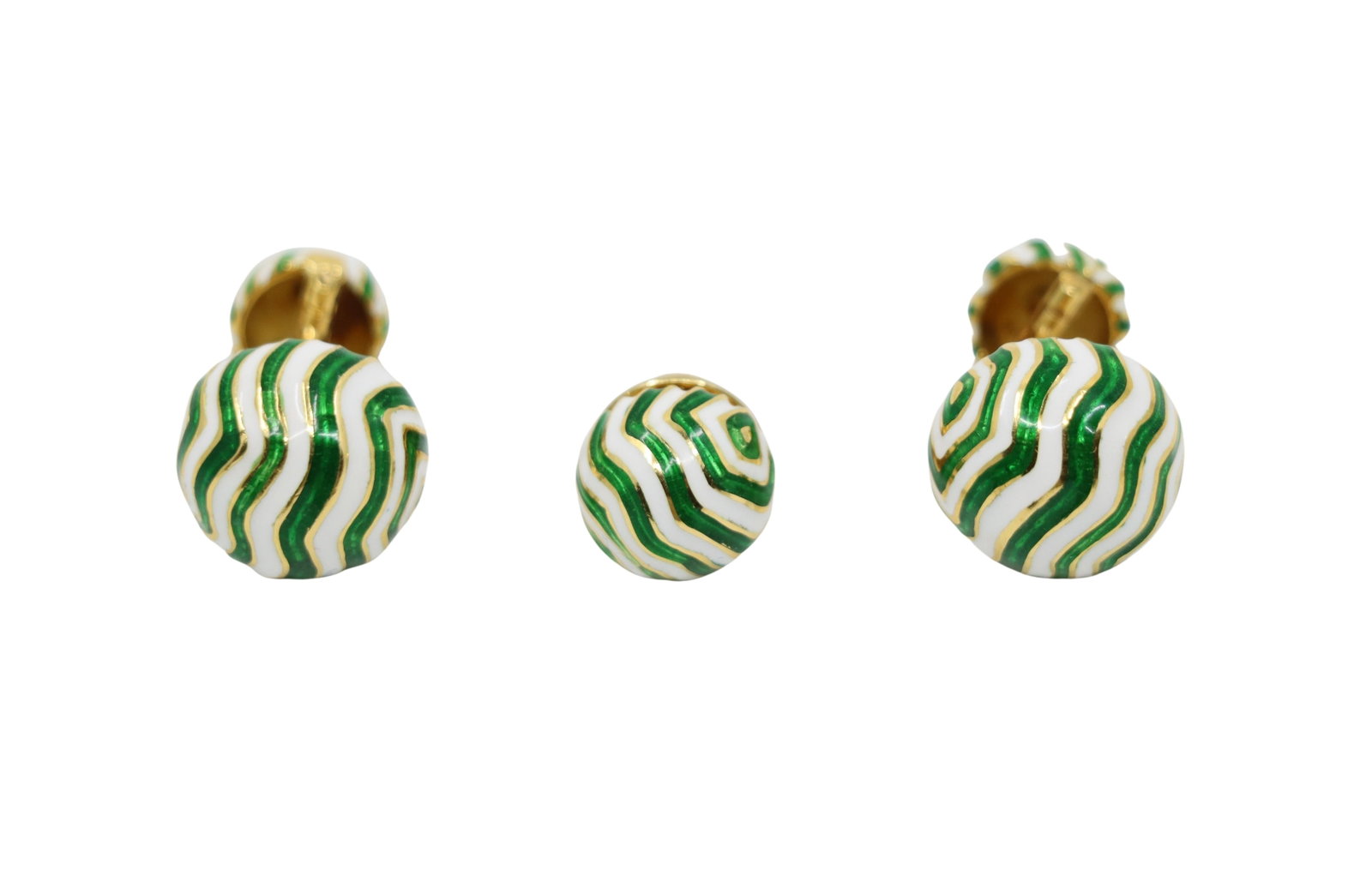 DAVID WEBB 18K GOLD ENAMEL CUFFLINK AND STUD SET: DAVID WEBB 18K GOLD ENAMEL CUFFLINK AND STUD SET Comprising a pair of double-sided cufflinks and three matching dress studs, each decorated with green and white striped enamel. Signed David Webb. Appr