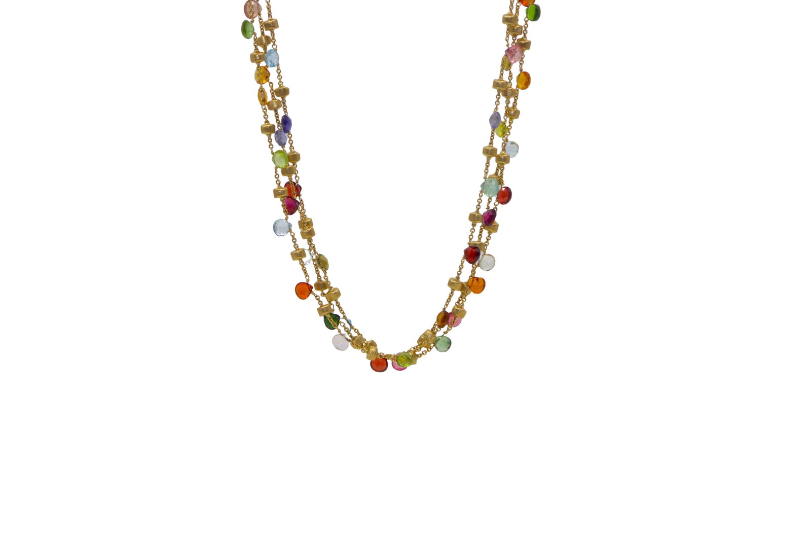 MARCO BICEGO PARADISE 18K GOLD MULTI GEMSTONE BEAD STATION NECKLACE: MARCO BICEGO PARADISE 18K GOLD MULTI GEMSTONE BEAD STATION NECKLACE An elegant Marco Bicego "Paradise" necklace comprising three strands of finely linked 18 karat yellow gold chain, decorated with the