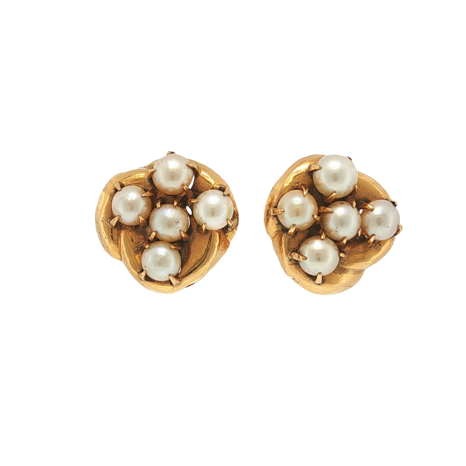 SEAMAN SCHEPPS 18K GOLD PEARL EAR CLIPS: SEAMAN SCHEPPS 18K GOLD PEARL EAR CLIPS A pair of Seaman Schepps ear clips crafted in 18 karat yellow gold, each designed as a stylized organic form centered with a cluster of lustrous pearls. The scu