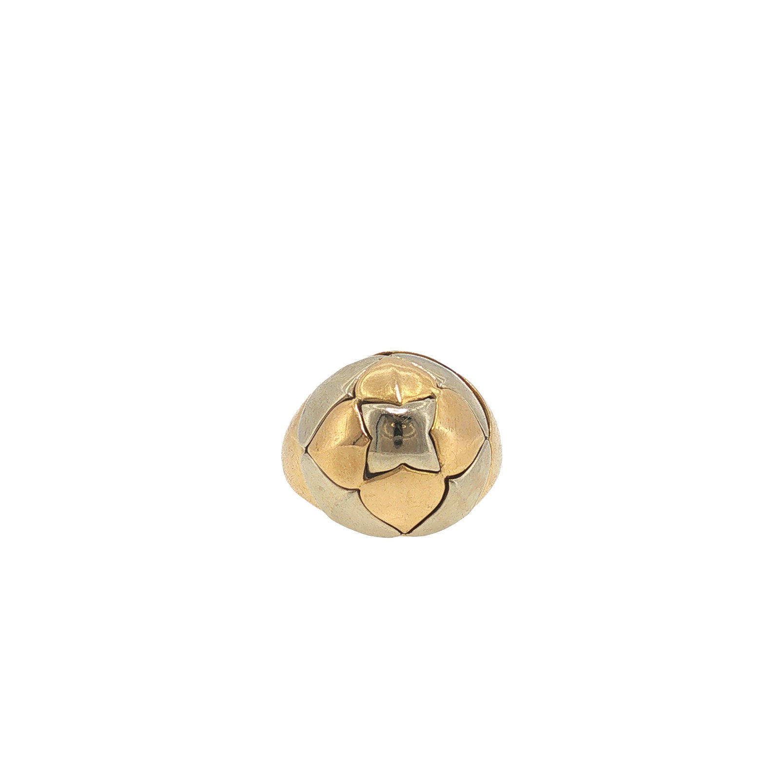 BULGARI 18K YELLOW & WHITE GOLD ROMA LOTUS DOMED COCKTAIL RING: BULGARI 18K YELLOW AND WHITE GOLD ROMA LOTUS DOMED COCKTAIL RING Designed as a domed 18k yellow and white gold cocktail ring with a stylized lotus motif. Signed Bulgari. Approximate Dimensions: Size: 