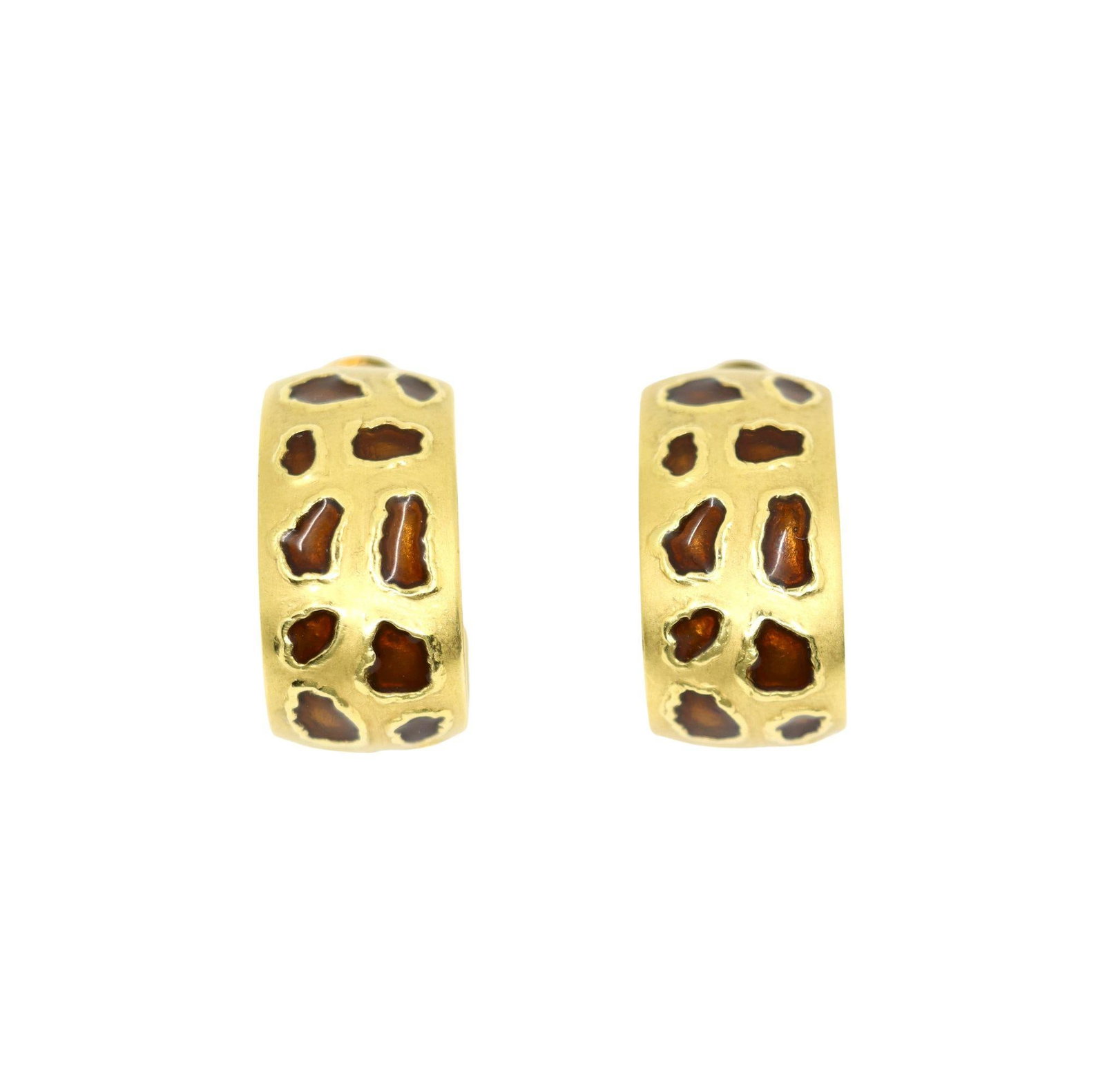 ROBERTO COIN 18K GOLD AND ENAMEL EARRINGS: ROBERTO COIN 18K GOLD AND ENAMEL HOOP EARRINGS Designed as a pair of wide 18k gold hoop earrings decorated with irregular brown enamel inlays, signed Roberto Coin. Approximate Dimensions: 2.4 cm (Leng