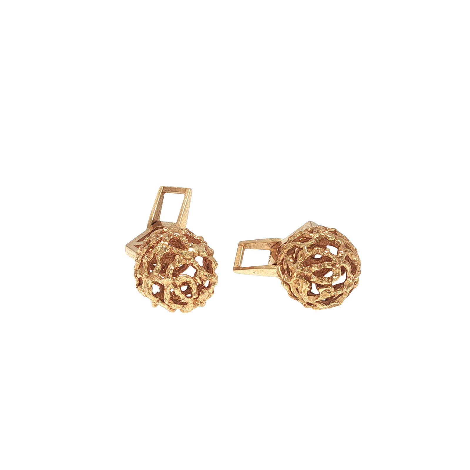 OLE LYNGGAARD 14K GOLD CUFFLINKS: OLE LYNGGAARD 14K GOLD CUFFLINKS A pair of Ole Lynggaard 14K gold cufflinks featuring sculptural openwork spherical terminals with the organic, textured aesthetic characteristic of the celebrated Dani