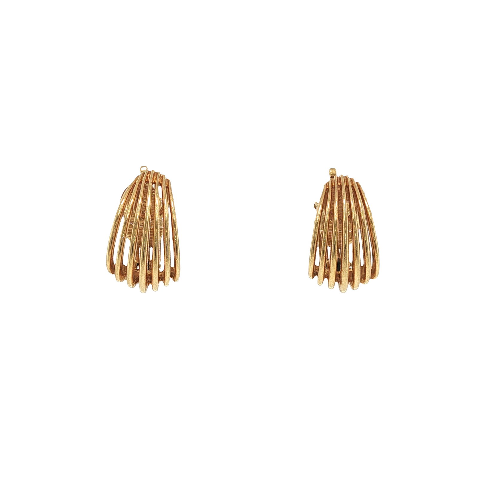 RETRO GEORGE SCHULER FOR TIFFANY & CO. 14K GOLD EAR CLIPS: RETRO GEORGE SCHULER FOR TIFFANY & CO. 14K GOLD EAR CLIPS Designed as sculptural openwork ear clips composed of graduated textured gold wires, signed George Schuler for Tiffany & Co. Approximate Dimen