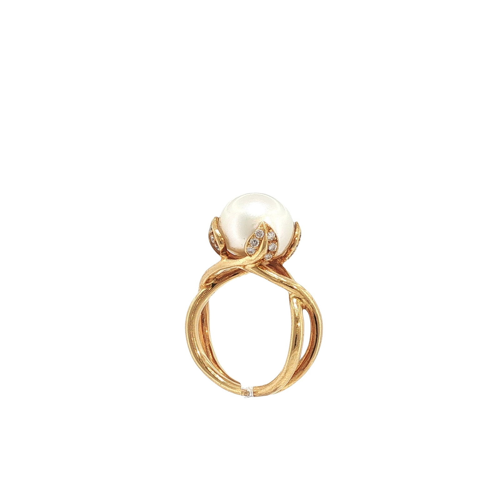 TIFFANY & CO. FRANCE 18K GOLD PEARL AND DIAMOND RING: TIFFANY & CO. FRANCE 18K GOLD PEARL AND DIAMOND RING Designed as a cultured pearl measuring approximately 11.48 mm, accented by round brilliant-cut diamonds within foliate terminals, mounted in an 18k
