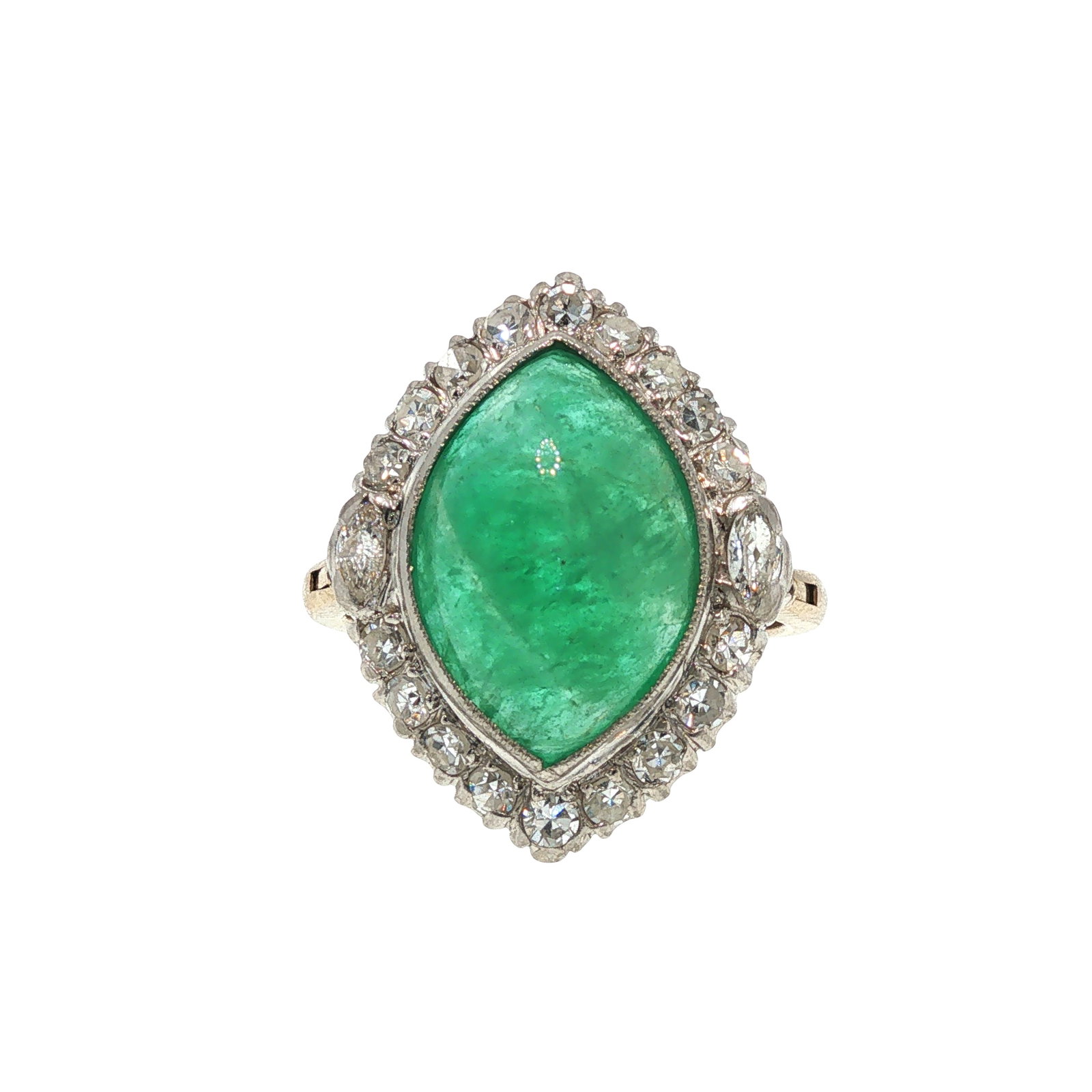 GIA CERTIFIED 14K GOLD EMERALD AND DIAMOND RING: GIA CERTIFIED 14K GOLD EMERALD AND DIAMOND RING A 14K gold ring centered by a large marquise-shaped emerald cabochon, framed by a halo of round brilliant-cut diamonds with additional marquise-cut diam