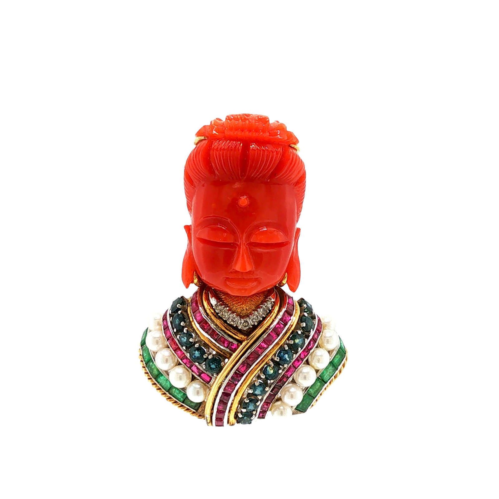 AN INTERESTING 18K GOLD MULTI GEMSTONE CORAL BUDDHA BROOCH PENDANT: AN INTERESTING 18K GOLD MULTI GEMSTONE CORAL BUDDHA BROOCH/PENDANT An impressive 18 karat yellow gold brooch/pendant centered by a finely carved coral bust of Buddha. The figure is adorned with an ela