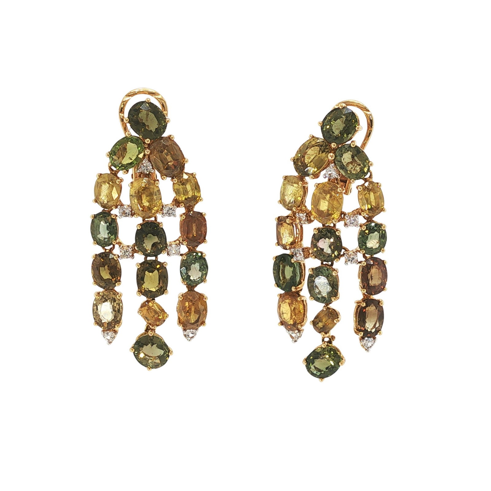18K GOLD PERIDOT, MULTI-GEMSTONE AND DIAMOND CHANDELIER EARRINGS: 18K GOLD PERIDOT, MULTI-GEMSTONE AND DIAMOND CHANDELIER EARRINGS Designed as a pair of articulated chandelier earrings, each set with numerous oval and cushion-cut peridots and additional mixed
