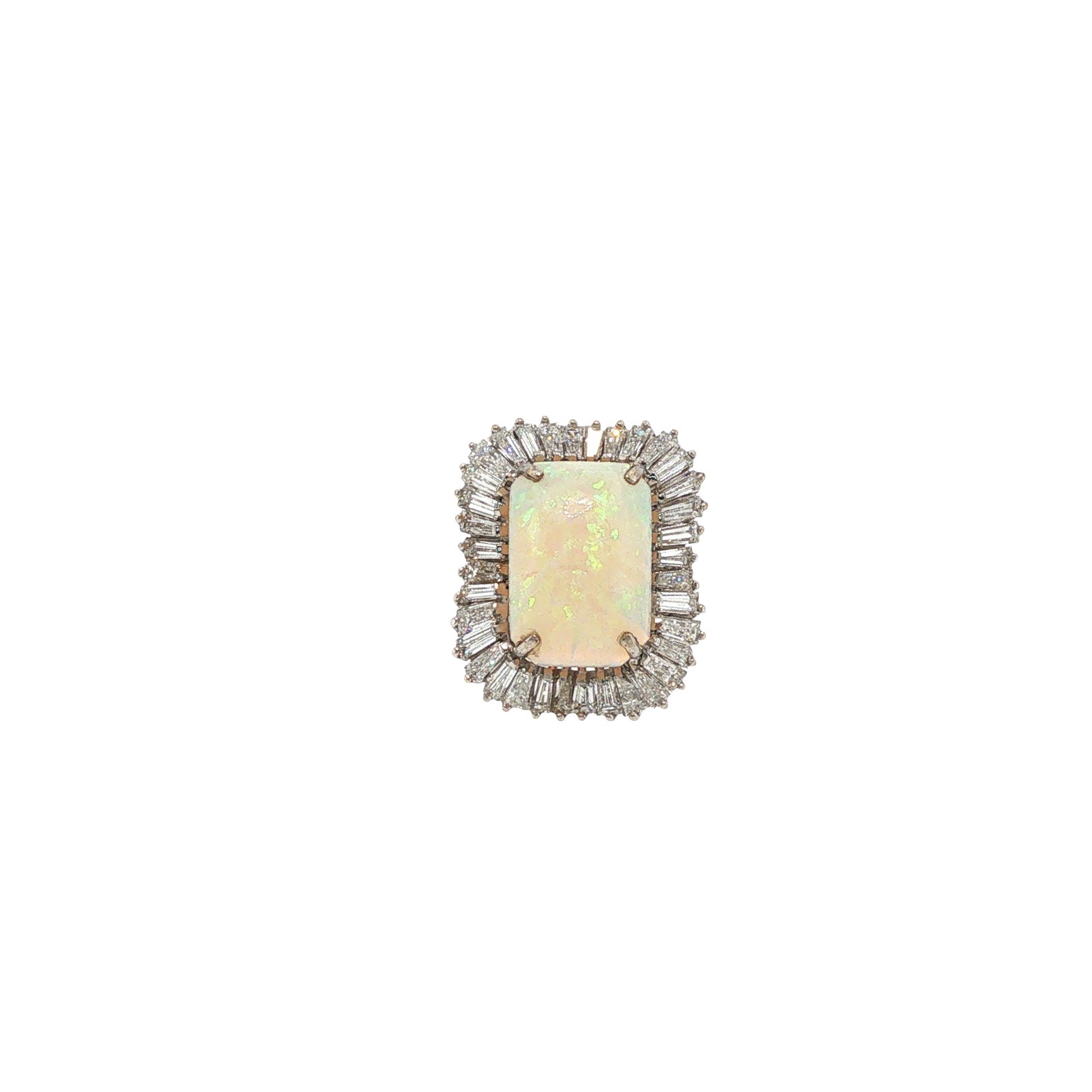 14K WHITE GOLD OPAL DIAMOND BALLERINA RING: 14K WHITE GOLD OPAL AND DIAMOND RING Centered by a rectangular cabochon opal measuring approximately 16.08 x 11.62 mm, displaying vibrant play-of-color, within a surround of tapered baguette and round
