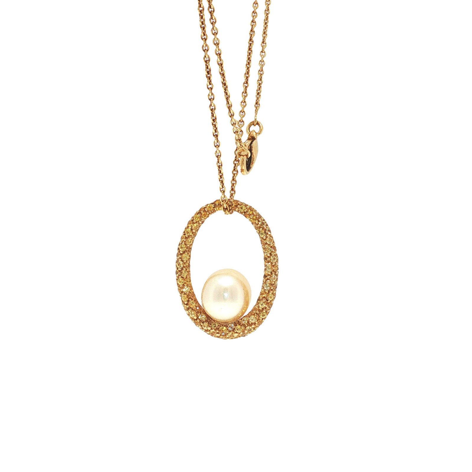 ITALIAN BRAND SIGNED 18K GOLD DIAMOND AND PEARL NECKLACE: ITALIAN 18K GOLD DIAMOND AND PEARL NECKLACE Designed as an open oval pendant accented by round brilliant-cut diamonds, centering a white cultured pearl, suspended from an 18k gold chain. Signed by an