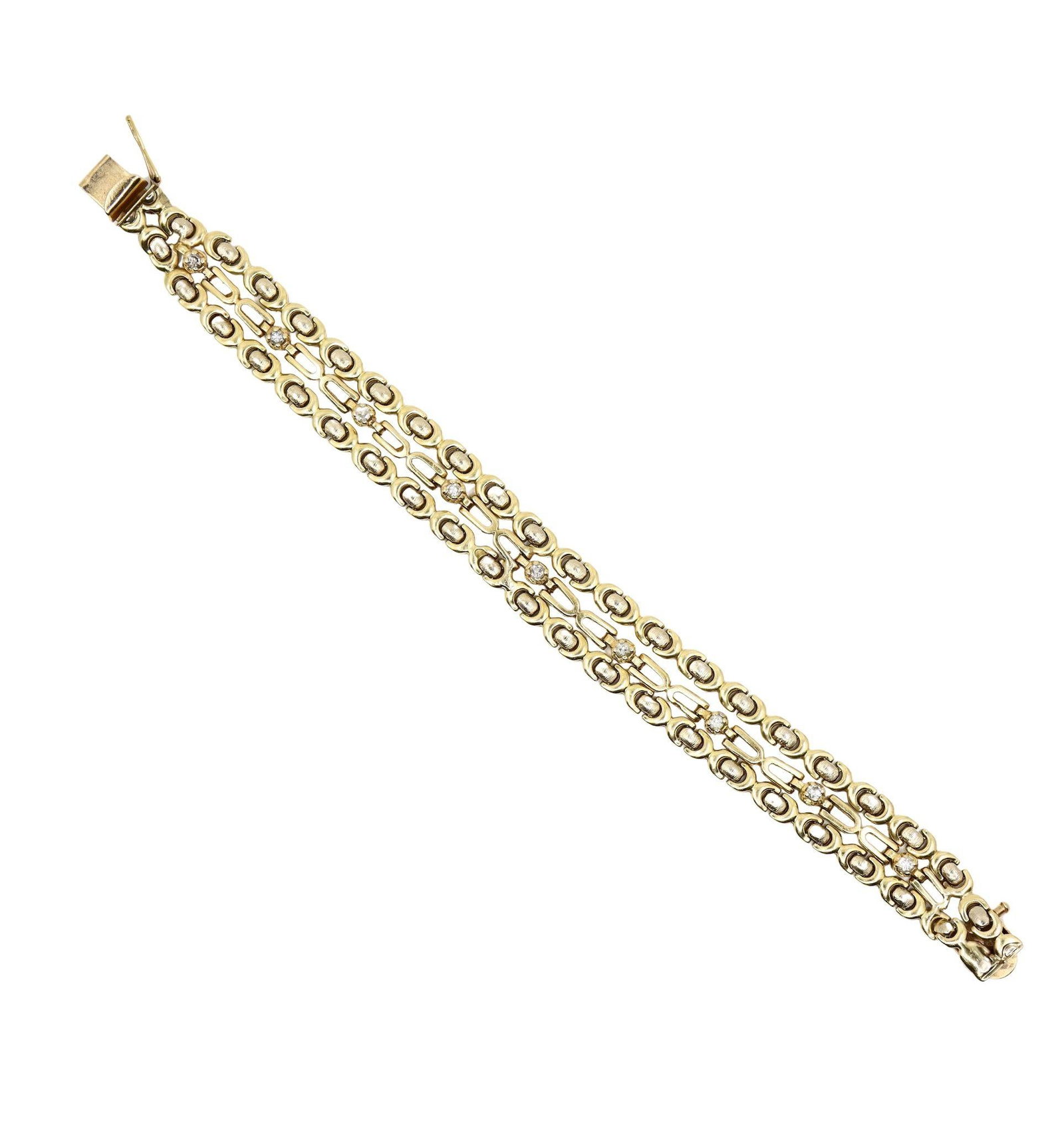 14K GOLD DIAMOND BRACELET: 14K GOLD DIAMOND BRACELET A 14K gold bracelet designed with three rows of articulated openwork links, accented at intervals with round brilliant-cut diamonds. The bracelet is fitted with a box clasp