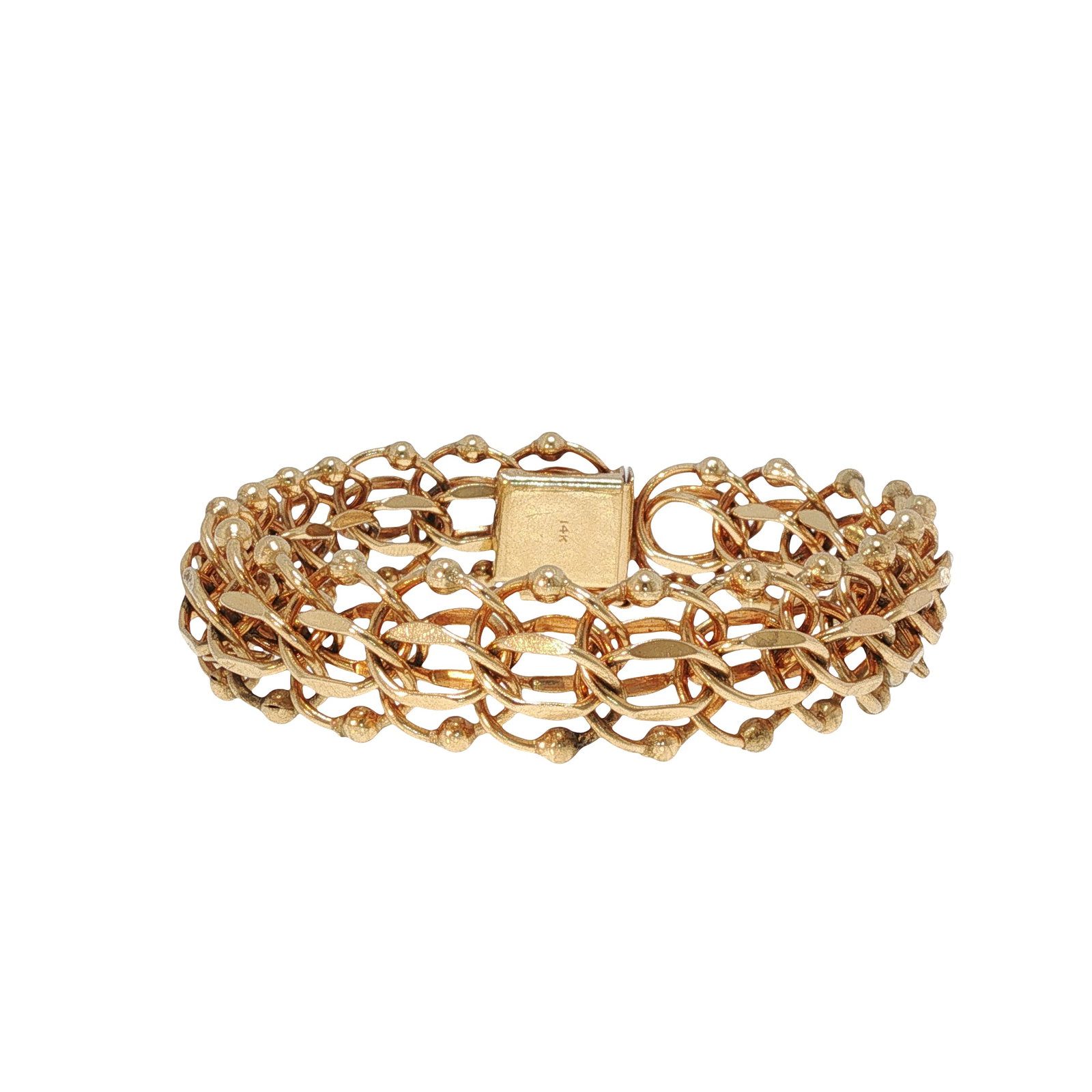 14K GOLD BRACELET: 14K GOLD BRACELET A substantial 14K gold bracelet composed of intricately interwoven openwork links in a broad flexible design. The bracelet is fitted with a concealed box clasp and safety catch,
