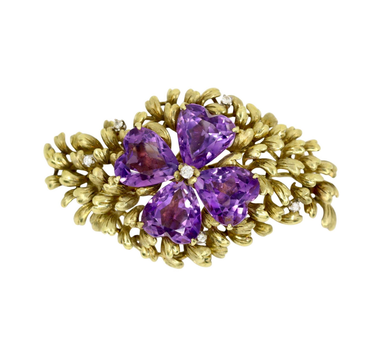 LARGE 14K GOLD AMETHYST AND DIAMOND FLORAL BROOCH: 14K GOLD AMETHYST AND DIAMOND FLORAL BROOCH A graceful 14 karat yellow gold floral brooch designed as a blossoming flower with textured foliate sprays. The central flower is composed of four