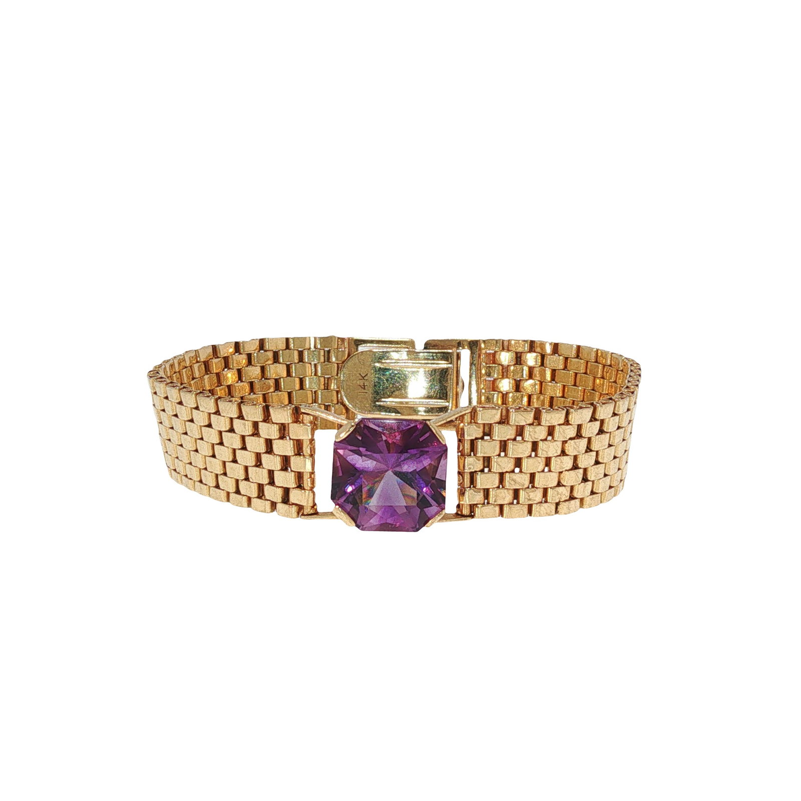 AMETHYST 14K GOLD WOVEN LINK BRACELET: AMETHYST 14K GOLD WOVEN LINK BRACELET A 14K gold bracelet featuring a finely woven flexible link design centered by a square-cut amethyst in a minimalist four-prong setting. The bracelet is completed