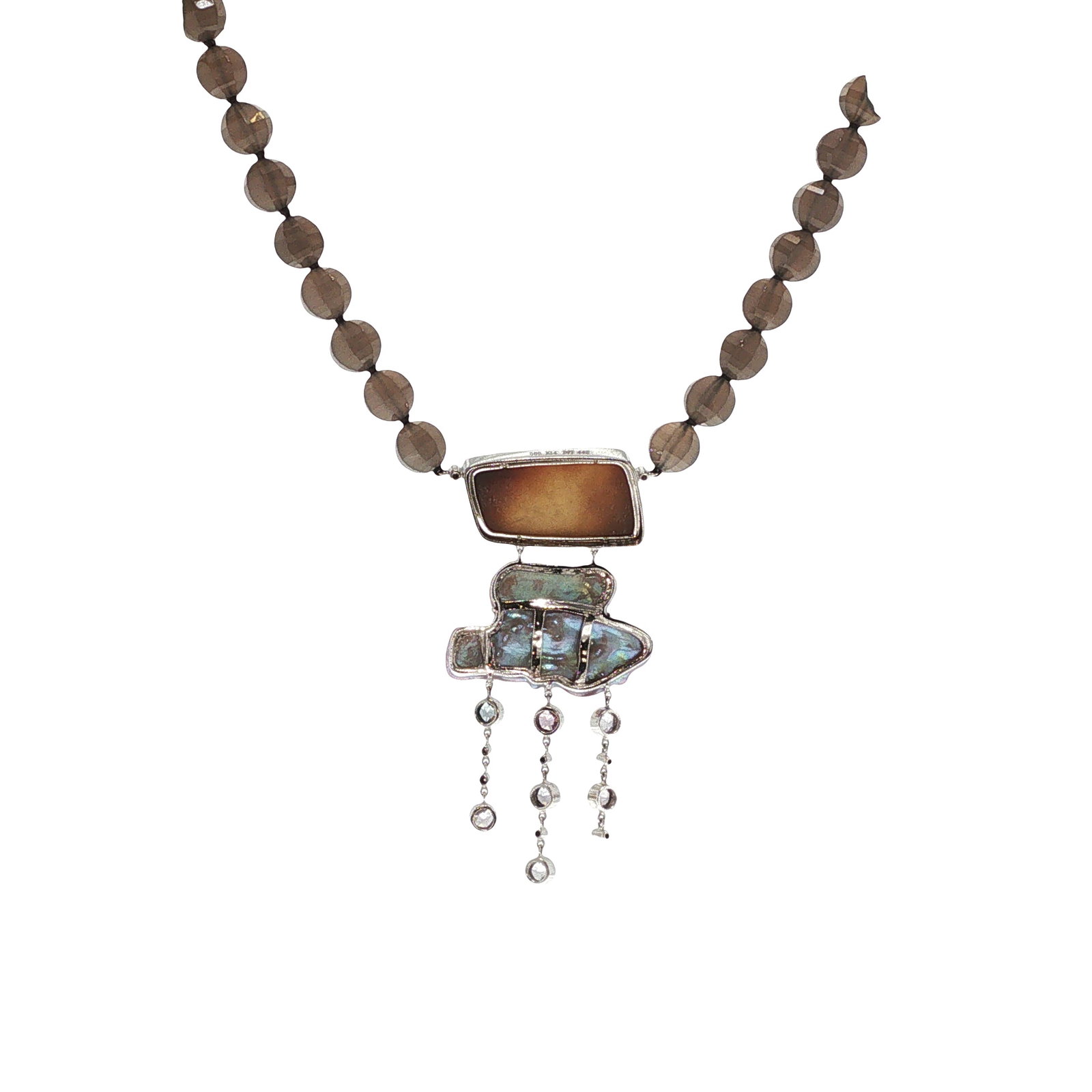 14K WHITE GOLD AGATE MOTHER OF PEARL NECKLACE: 14K WHITE GOLD AGATE, MOTHER-OF-PEARL, AND QUARTZ NECKLACE A 14K white gold necklace composed of faceted smoky quartz beads supporting a geometric pendant centered by a rectangular agate plaque above