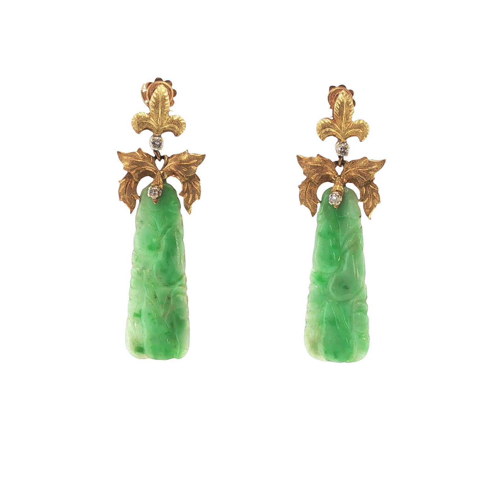 18K GOLD CARVED JADE AND DIAMOND EARRINGS: 18K GOLD CARVED JADE AND DIAMOND EARRINGS A refined pair of 18 karat yellow gold pendant earrings, each suspending a finely carved translucent green jade plaque decorated with scrolling floral motifs.