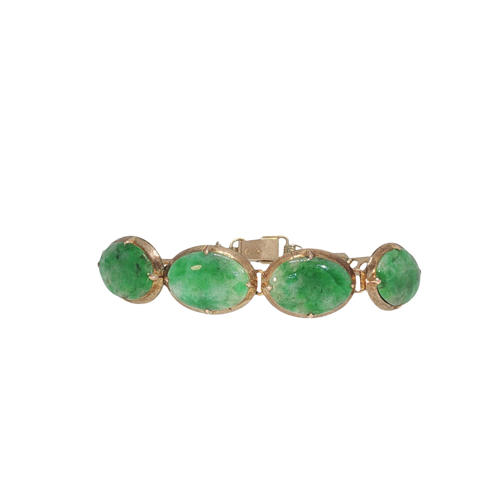 14K GOLD JADEITE CABOCHON BRACELET: 14K GOLD JADEITE CABOCHON BRACELET A 14K gold bracelet set with four oval jadeite cabochons of vibrant green coloration in open-backed settings. The articulated links terminate in an integrated box cl
