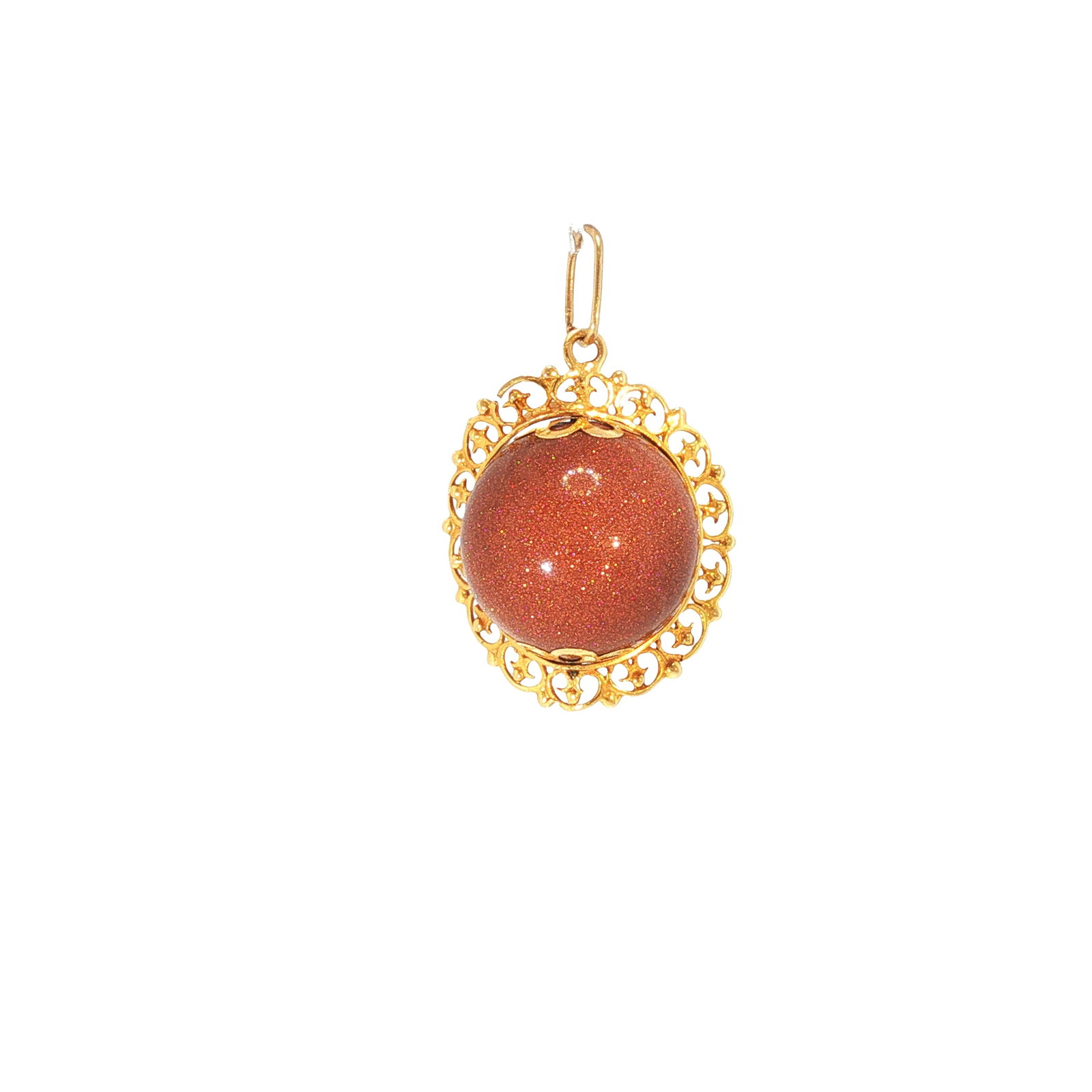 18K GOLD GOLDSTONE PENDANT: 18K GOLD GOLDSTONE PENDANT An 18K gold pendant centered by a round goldstone cabochon with a shimmering coppery surface, mounted within an ornate openwork gold frame. The pendant is fitted with a gold
