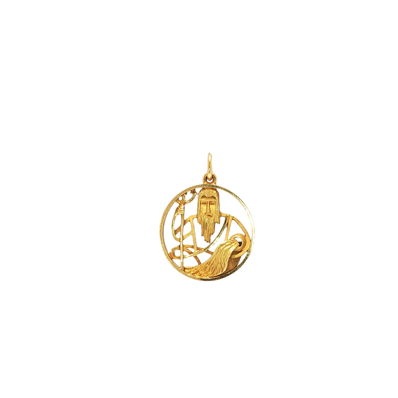 VINTAGE GUBELIN SWISS 18K GOLD POSEIDON PENDANT: VINTAGE GUBELIN SWISS 18K GOLD POSEIDON PENDANT A vintage Swiss 18K gold pendant by Gubelin, designed as an openwork circular medallion depicting Poseidon with trident and flowing waves. The pendant i
