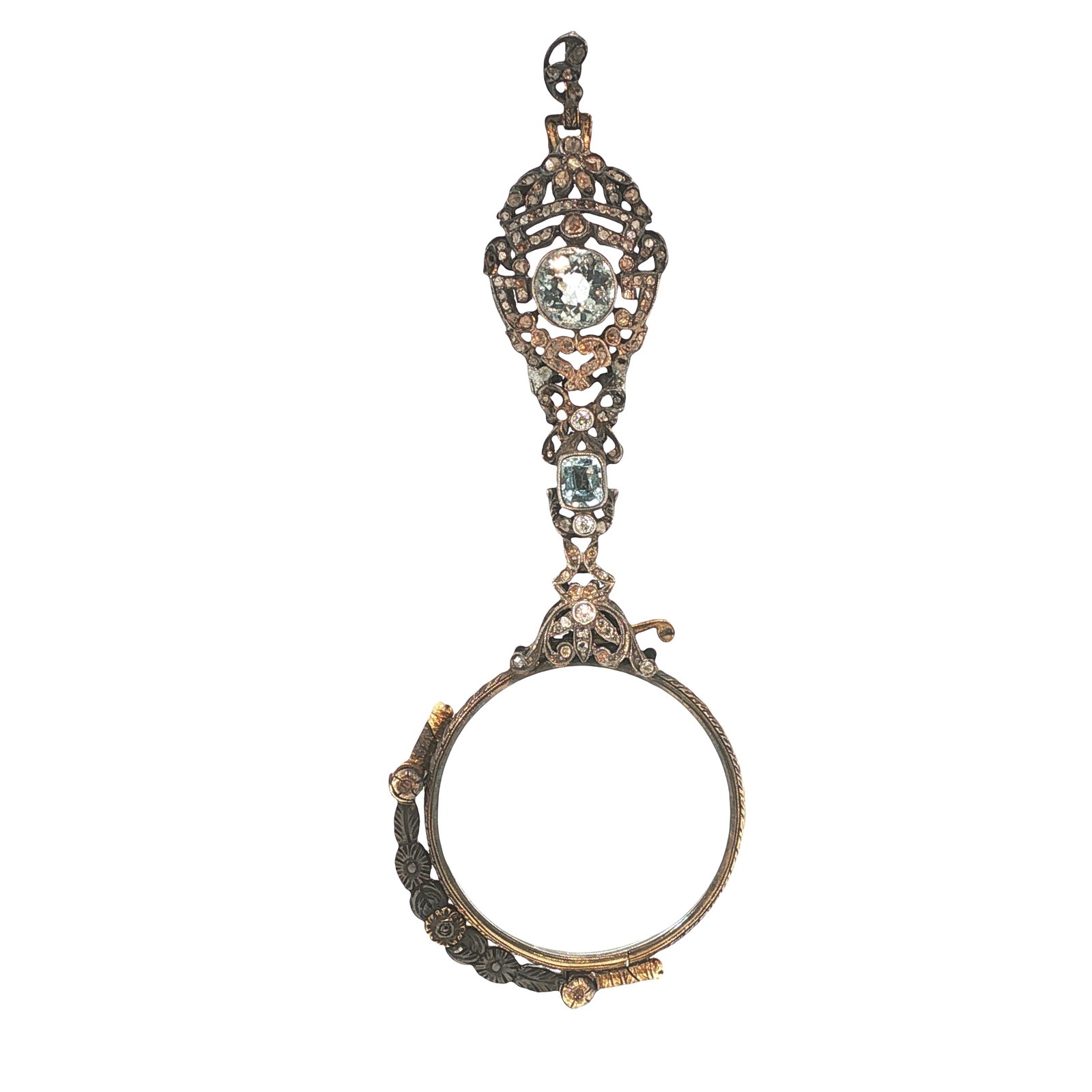 ANTIQUE GOLD AND SILVER AQUAMARINE AND DIAMOND LORGNETTE GLASSES (1 of 7)