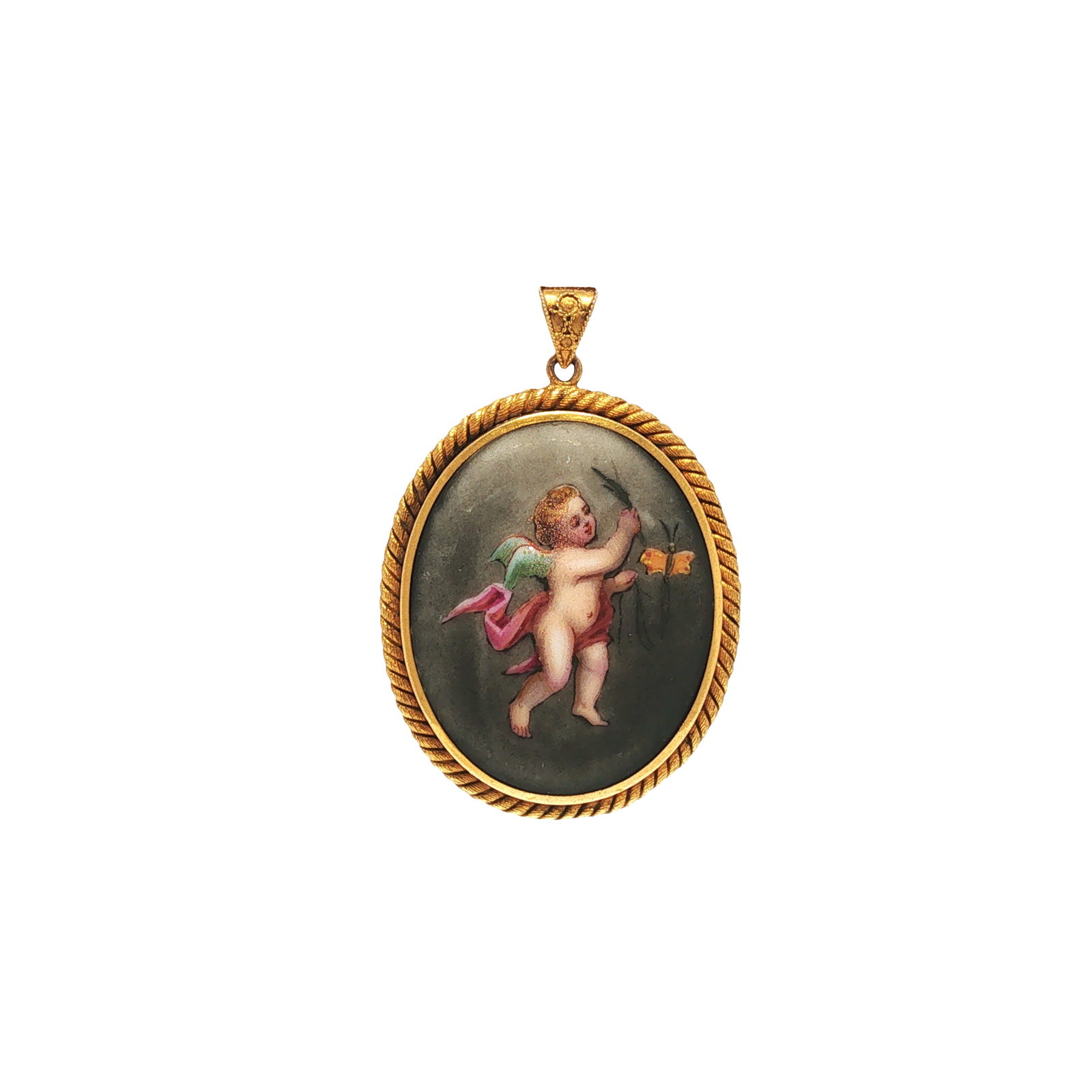 ANTIQUE 18K GOLD HAND-PAINTED CHERUB LOCKET (1 of 7)