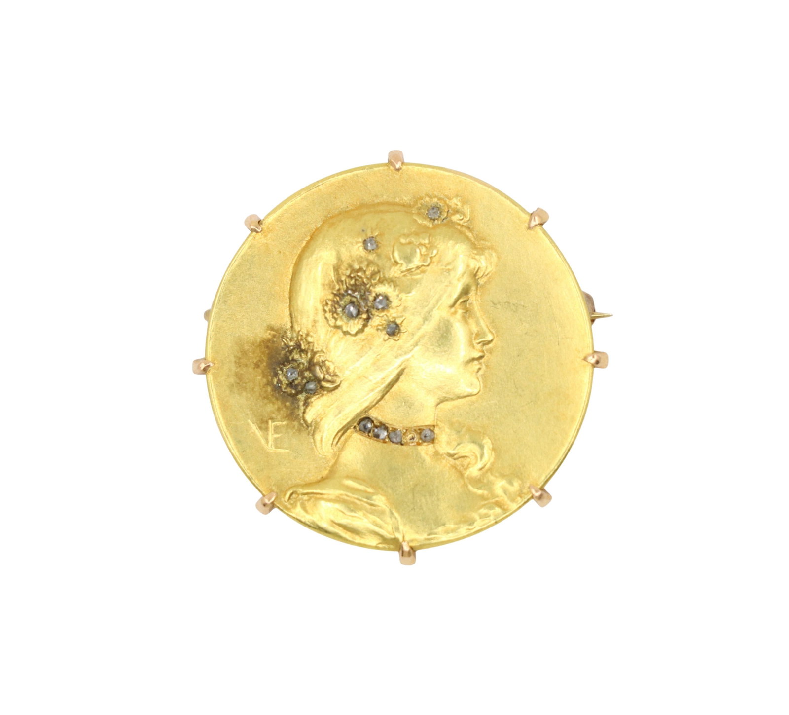 ART NOUVEAU 18K GOLD DIAMOND MEDALLIST BROOCH: ART NOUVEAU 18K GOLD DIAMOND MEDALLIST BROOCH An Art Nouveau 18K gold brooch designed as a circular medallion depicting a female profile in relief, accented with small diamonds to the hair and necklin