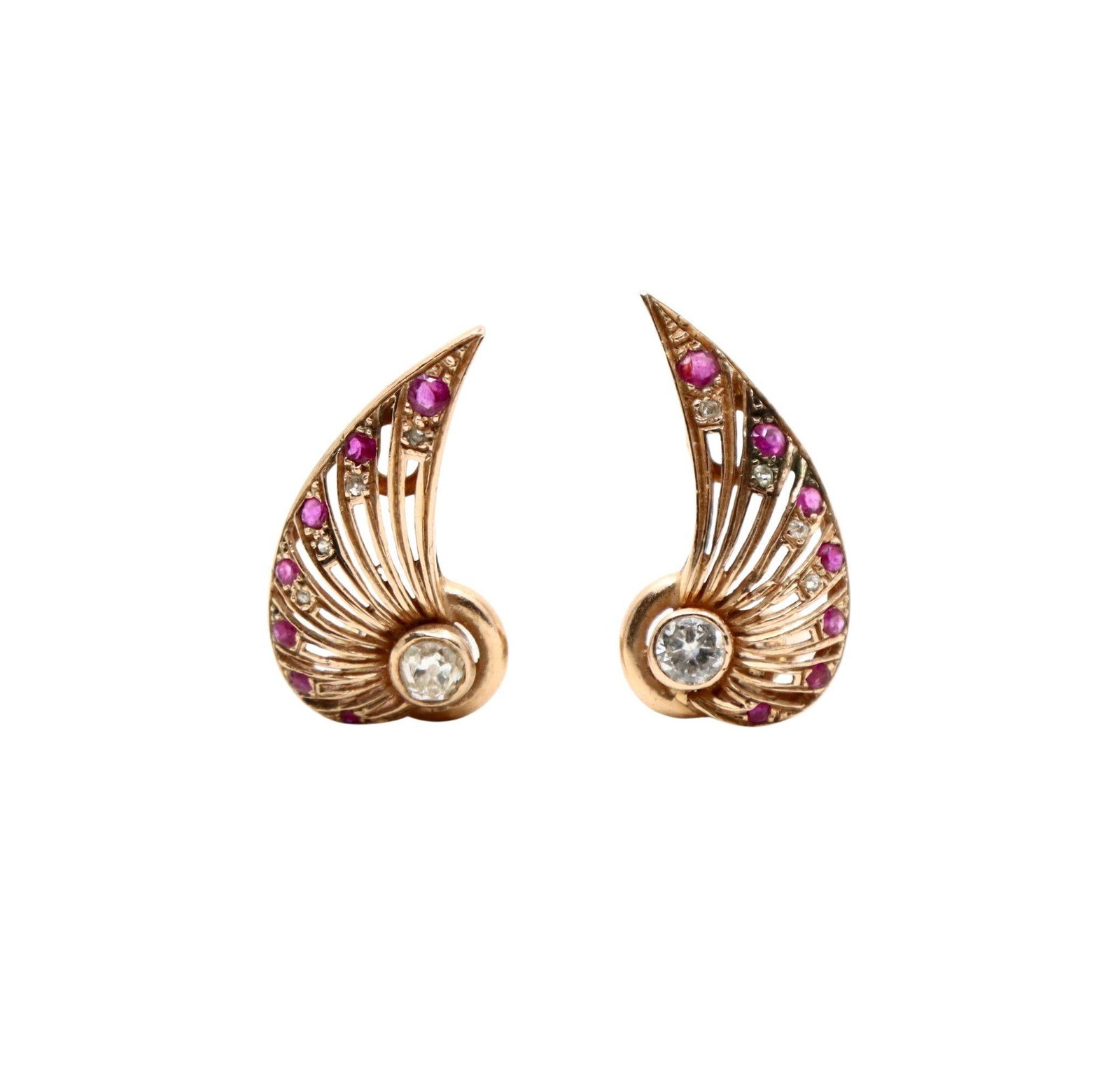 RETRO 14K GOLD RUBY & DIAMOND EAR CLIPS: RETRO 14K GOLD RUBY & DIAMOND EAR CLIPS A pair of Retro 14K gold ear clips designed with sweeping fan-form motifs, each set with a central round diamond and accented by round rubies and additional dia
