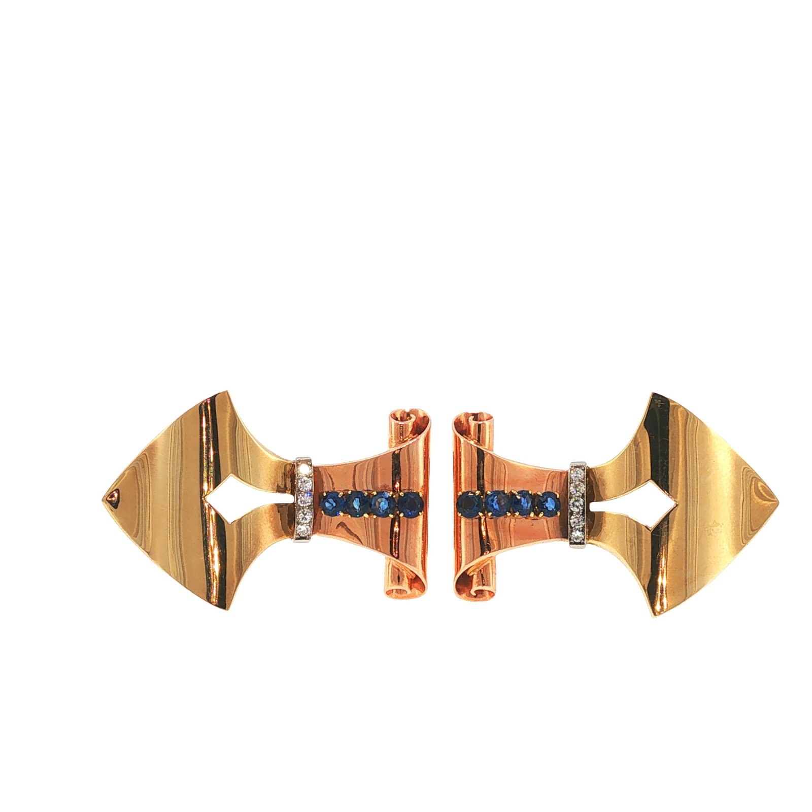 RETRO PAIR OF 14K GOLD DIAMOND AND SAPPHIRE DOUBLE CLIPS: RETRO PAIR OF 14K GOLD DIAMOND AND SAPPHIRE DOUBLE CLIPS A striking pair of Retro 14K yellow gold double clips of bold geometric design, each featuring polished sculptural gold panels accented by a ro