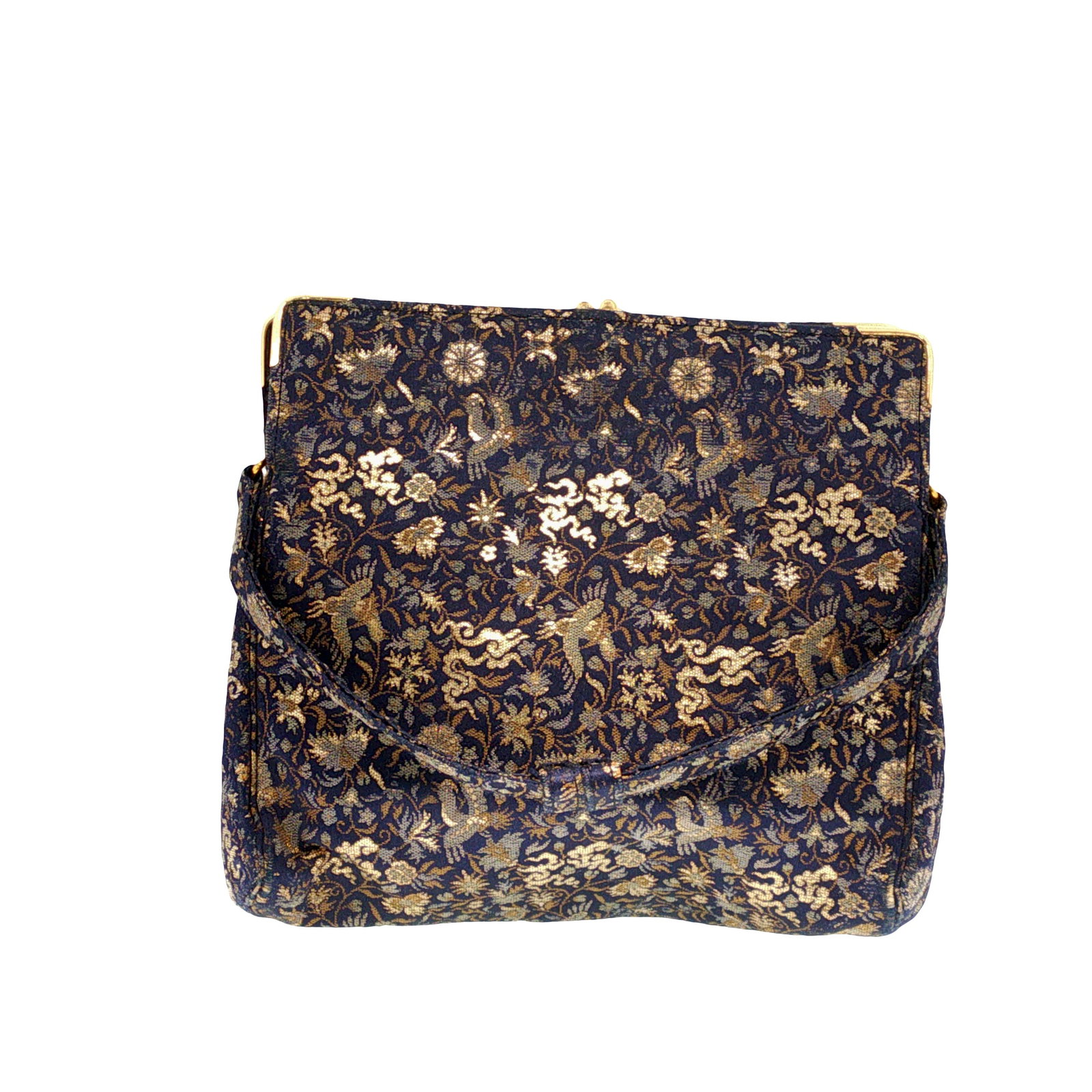 A TIFFANY & CO. 14K GOLD, GILT METAL, AND SILK EVENING BAG: A TIFFANY & CO. 14K GOLD, GILT METAL, AND SILK EVENING BAG A Tiffany & Co. evening bag featuring a richly patterned silk exterior woven with gilt floral and bird motifs, mounted with 14K gold frame bo